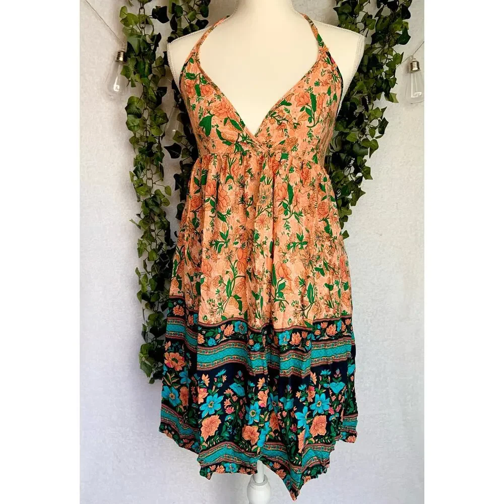 Boho Rayon Orange Teal Floral Halter Tie Empire Waist Mini Dress Women's Small - Picture 2 of 11
